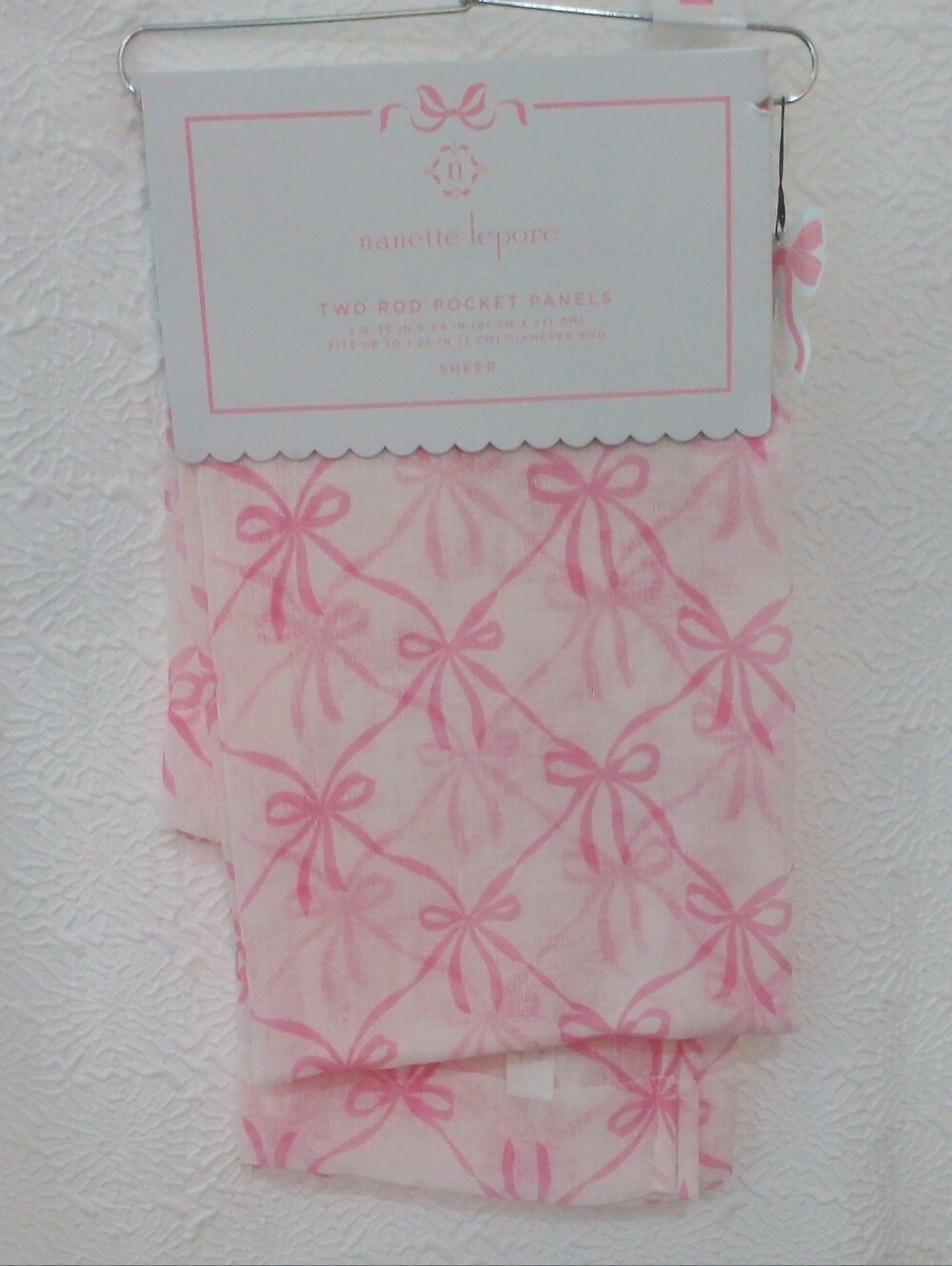 Nanette Lepore Home Pink Bow Sheer Curtains Rod Pocket 2 Panels 84"